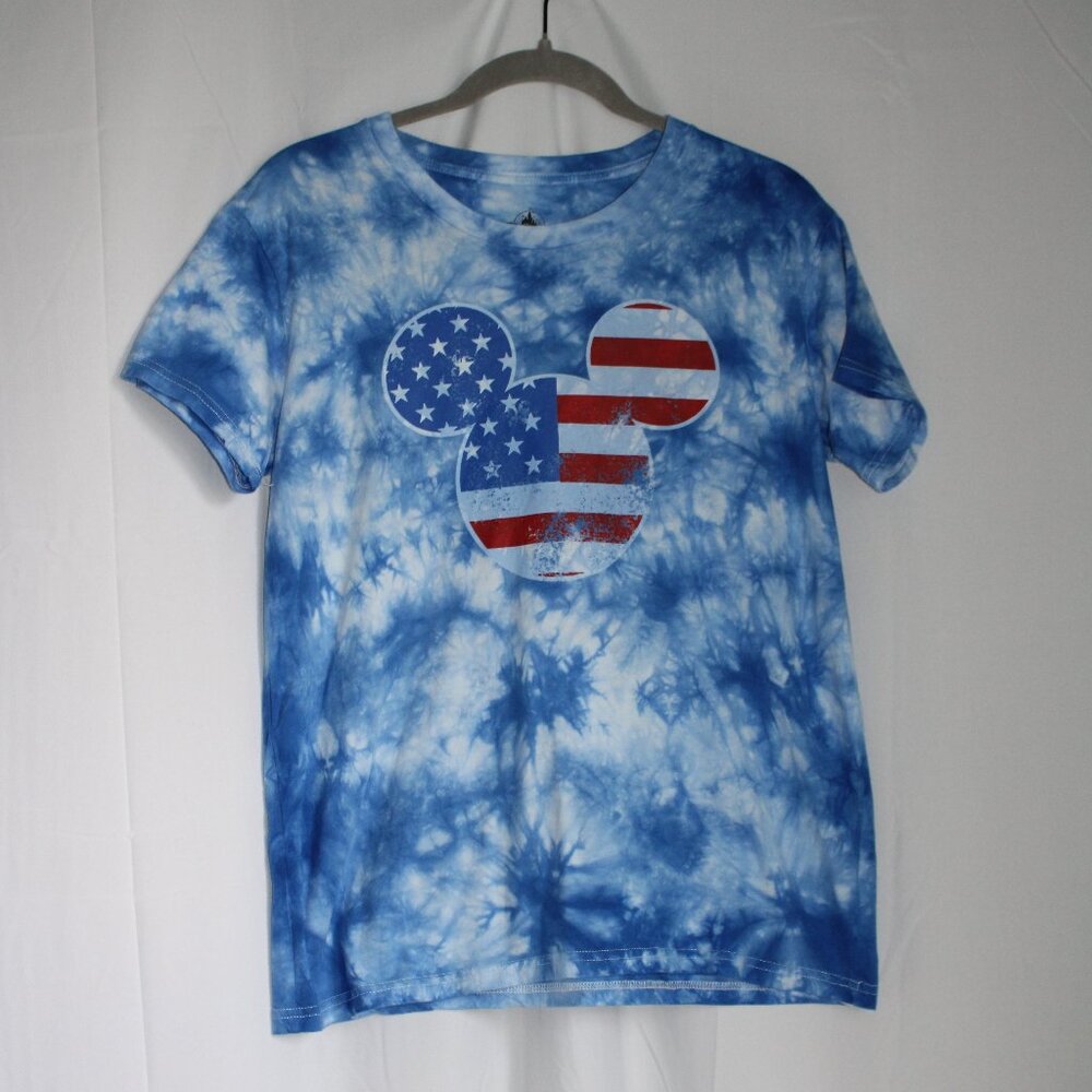 Disney Unisex Blue & White Tie Dye American Flag Mickey Mouse T-shirt Size Small